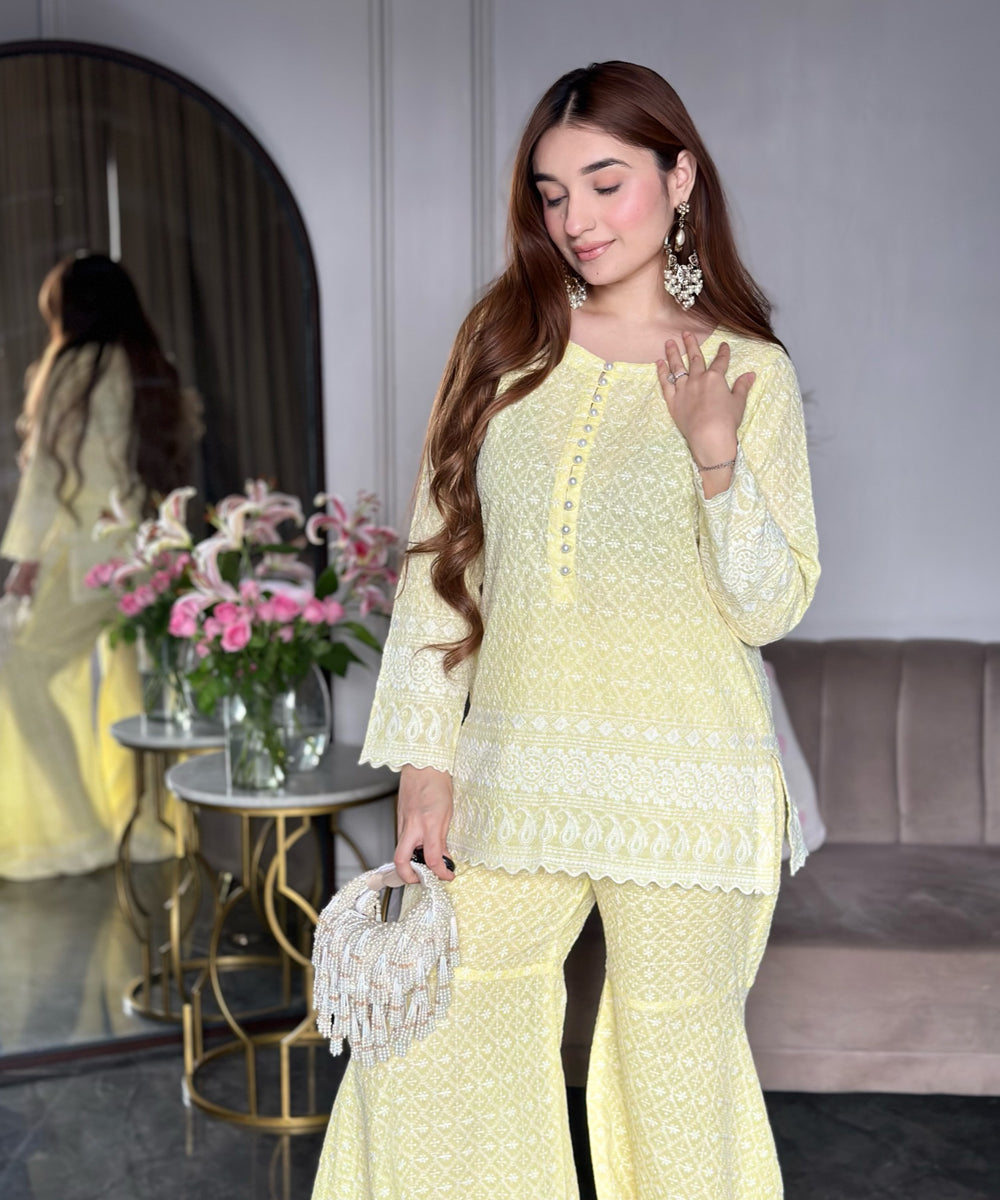 Lemon Yellow Cotton Chikankari Sharara Set