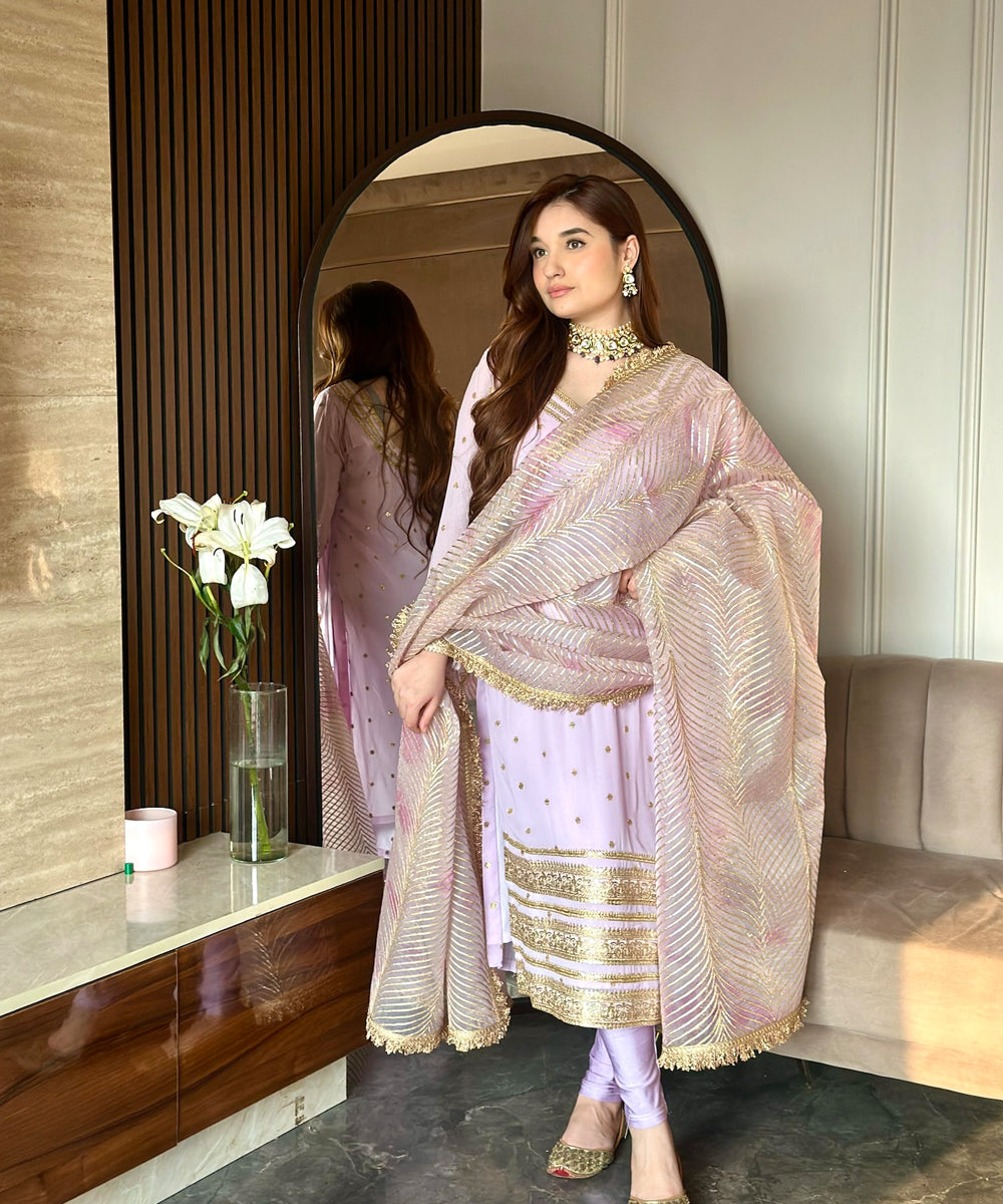 Georgette Pink Suit with Organza Dupatta & Lycra Leggings