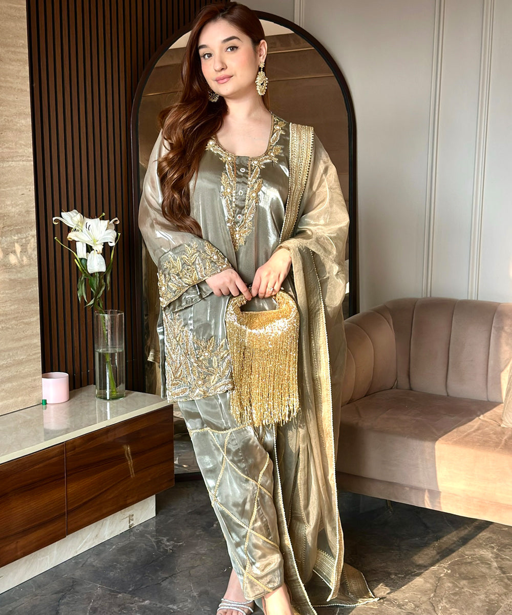 imported organza green hand embroider suit