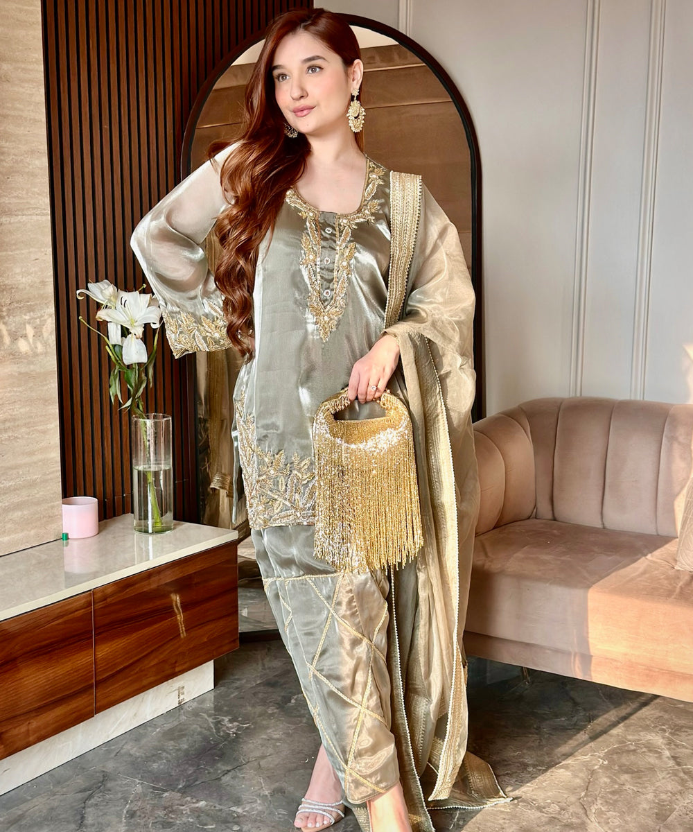 imported organza green hand embroider suit