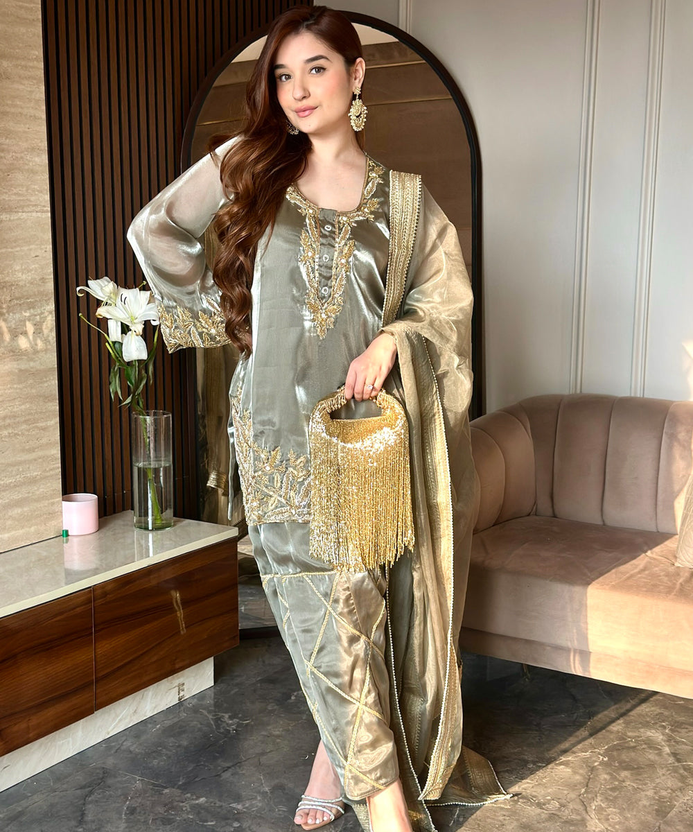 imported organza green hand embroider suit