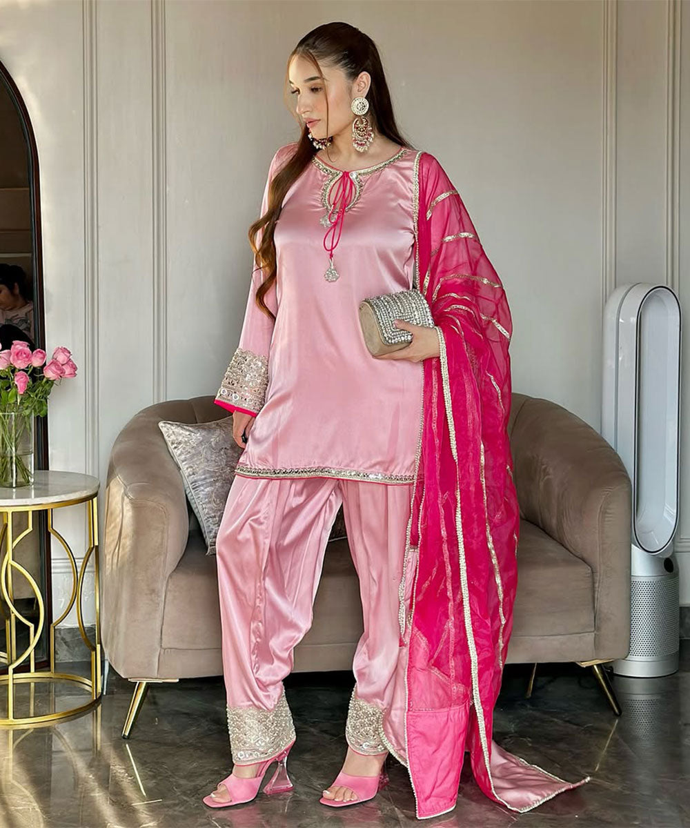 Pink Armani Satin Suit with Organza Dupatta