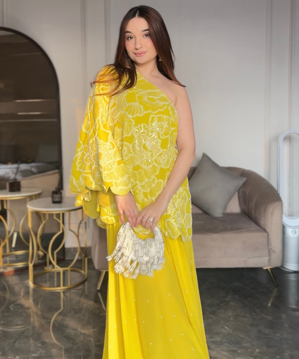 Yellow one-shoulder embroidered Dress