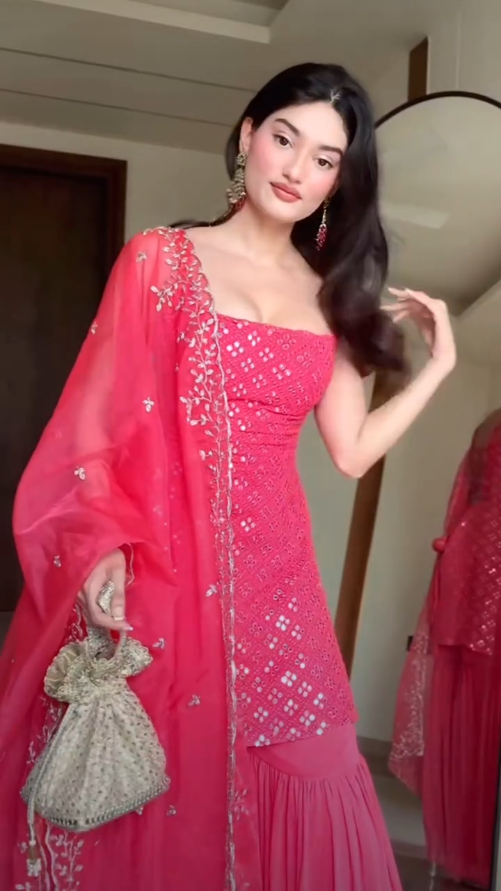 Radiant Rani Pink Mirror Work Kurta and Sharara Suit Set with Dupatta