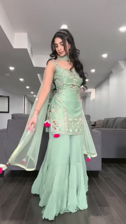 Elegant Mint Green Embroidered Sharara Suit Set with Dupatta