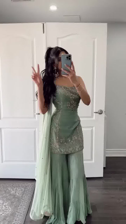 Elegant Mint Green Embroidered Sharara Suit Set with Dupatta