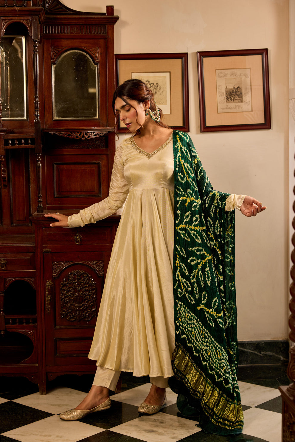 Tissue Green Bandhej Anarkali Suit Set