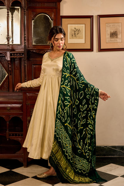 Tissue Green Bandhej Anarkali Suit Set