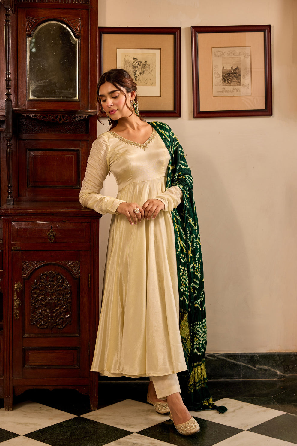 Tissue Green Bandhej Anarkali Suit Set