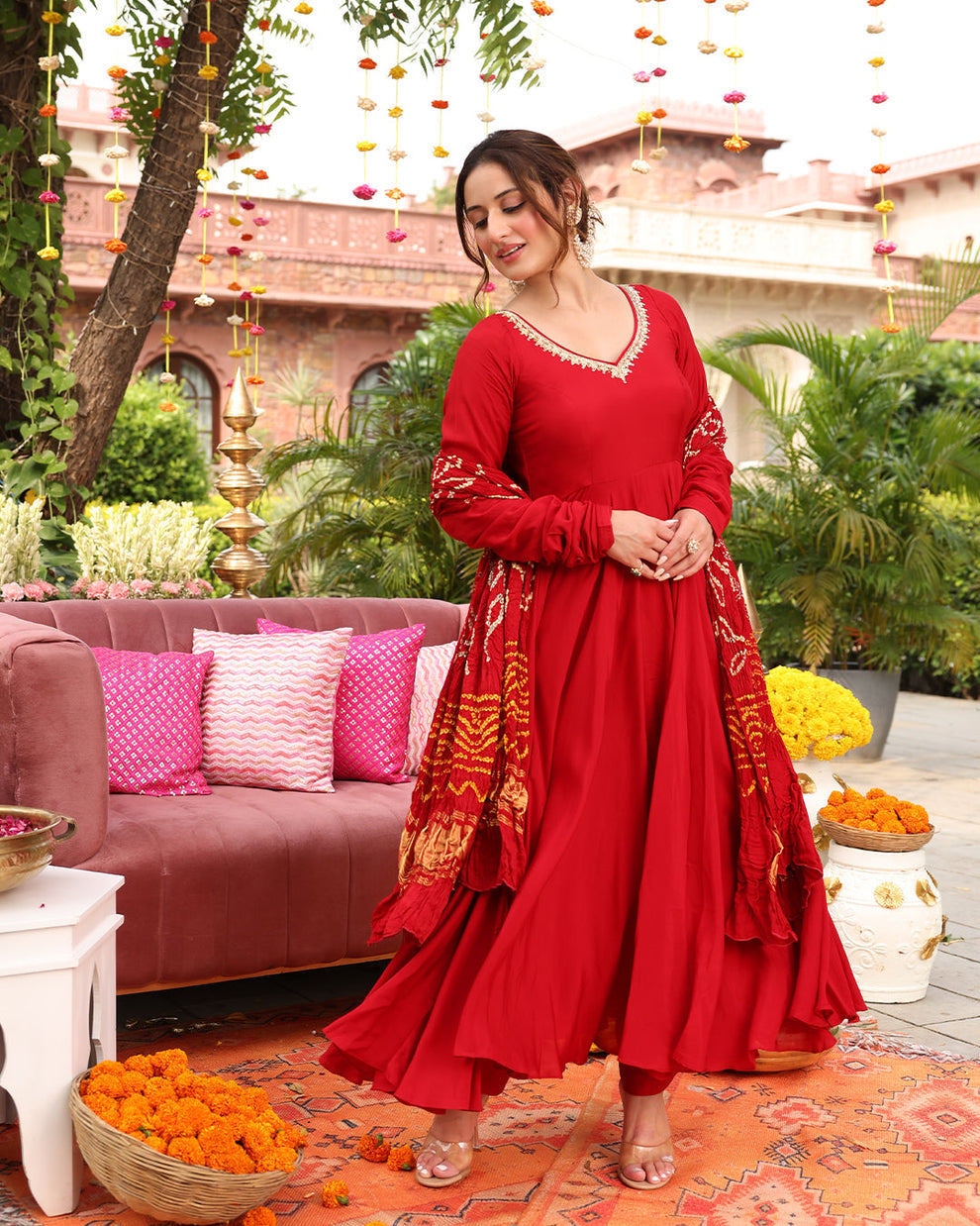 Maroon Bandhej Anarkali Suit Set