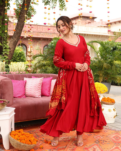 Maroon Bandhej Anarkali Suit Set