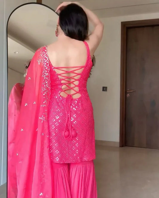 Radiant Rani Pink Mirror Work Kurta and Sharara Suit Set with Dupatta