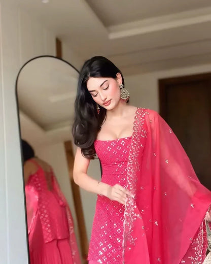 Radiant Rani Pink Mirror Work Kurta and Sharara Suit Set with Dupatta