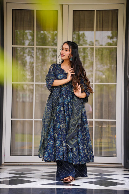 Indigo Reverie Cotton Suit Set