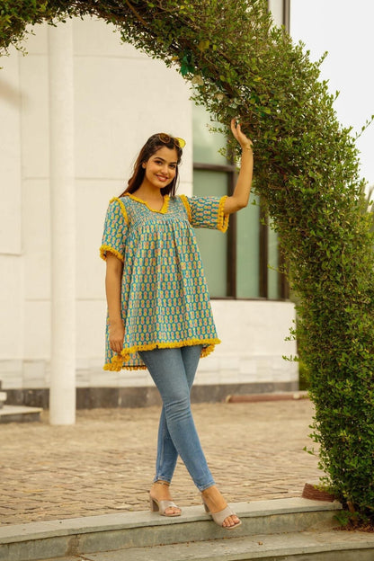 Turquoise Embroidered Printed Lisa Cotton Kurta Top