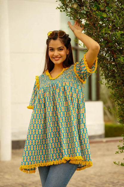 Turquoise Embroidered Printed Lisa Cotton Kurta Top