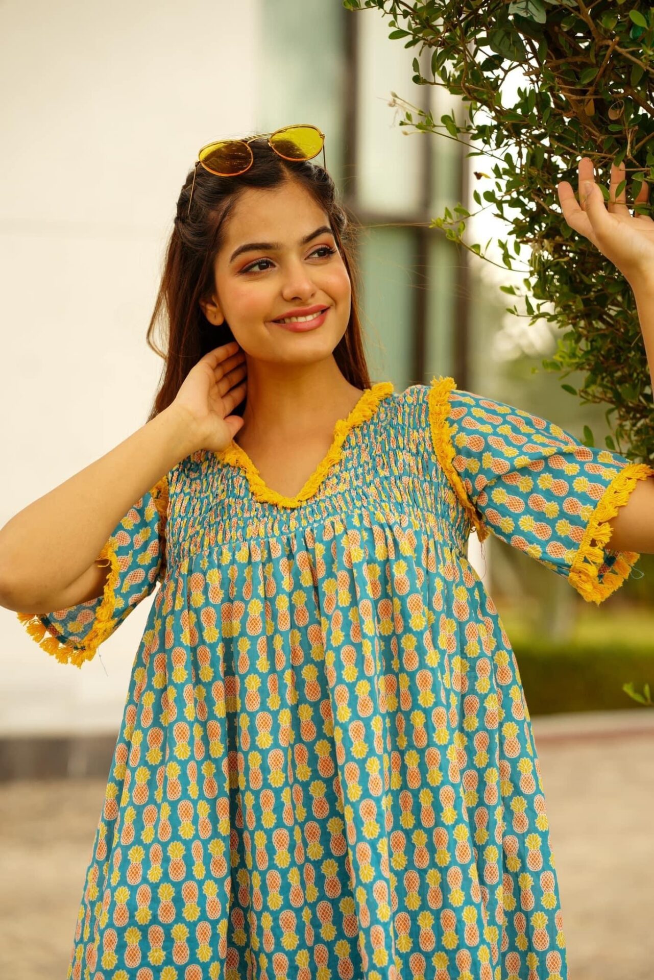 Turquoise Embroidered Printed Lisa Cotton Kurta Top