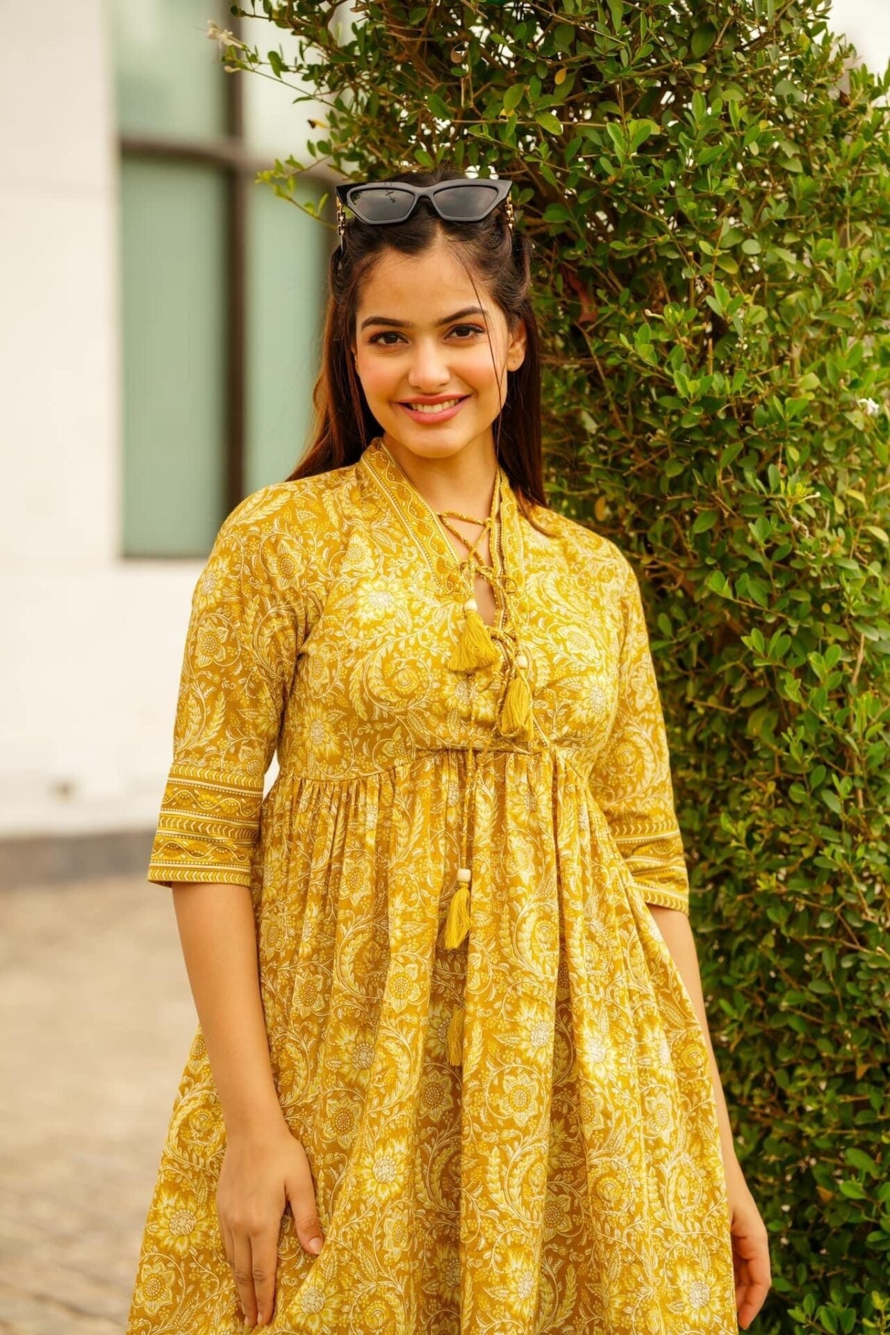 Mustard Floral Print Designer Cotton Top for Women