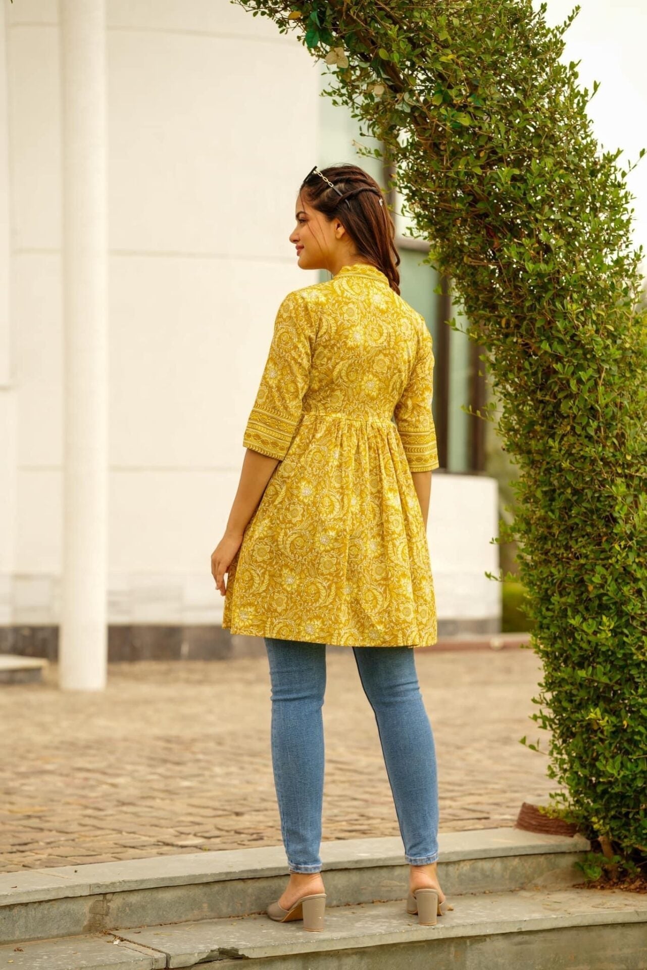 Mustard Floral Print Designer Cotton Top for Women