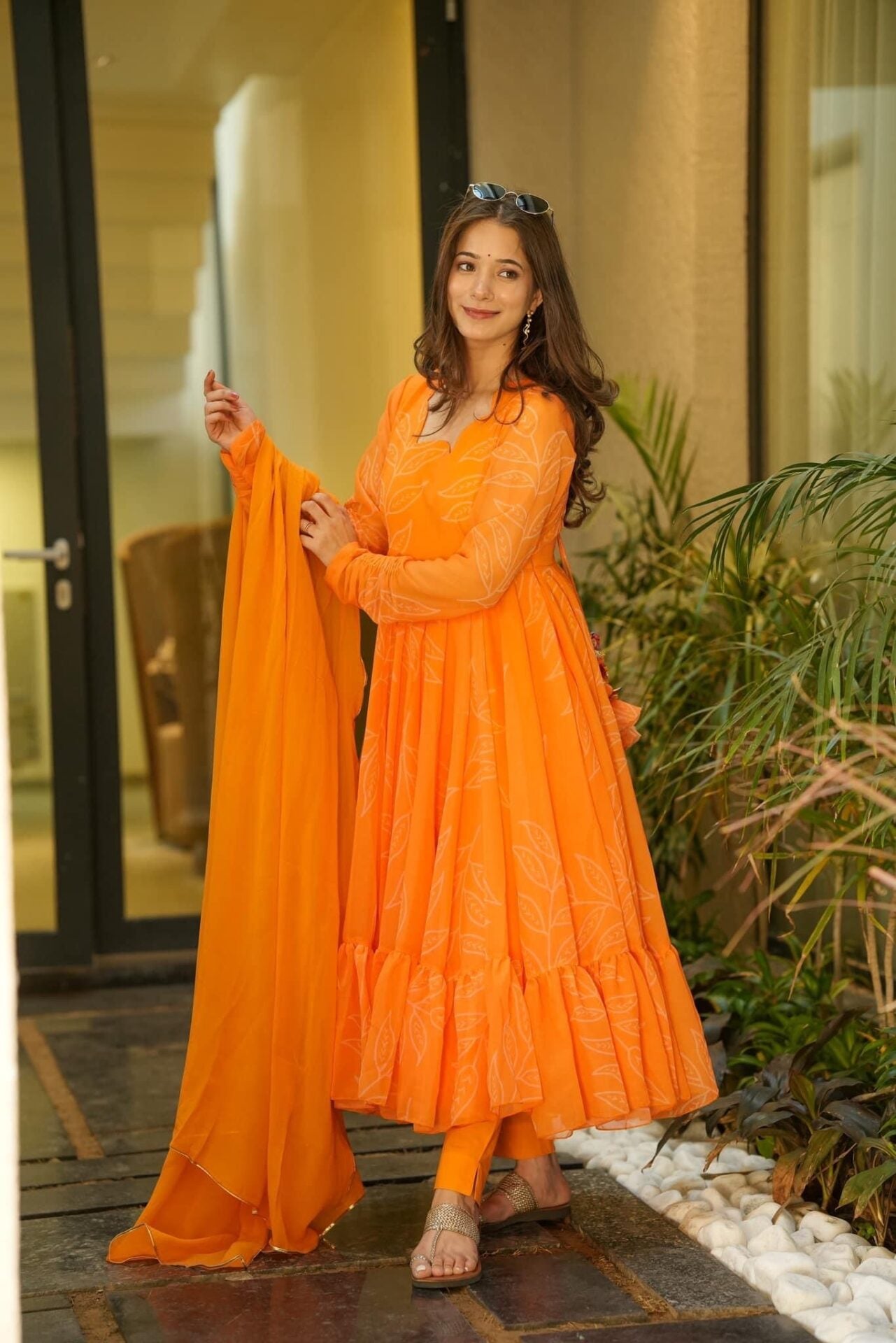 marigold orange georgette suit set