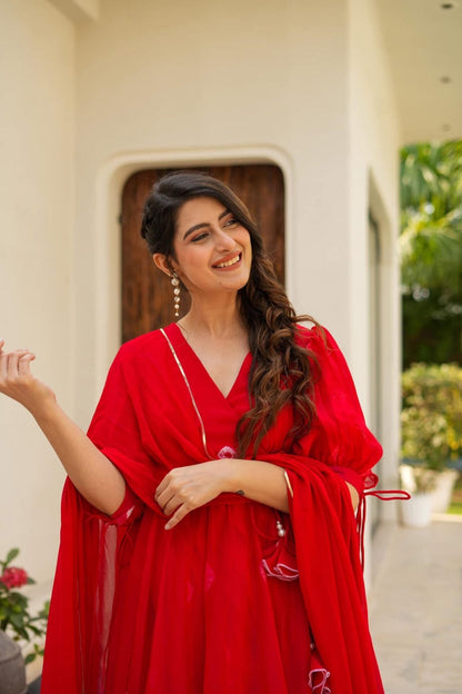 Veena red organza suit set