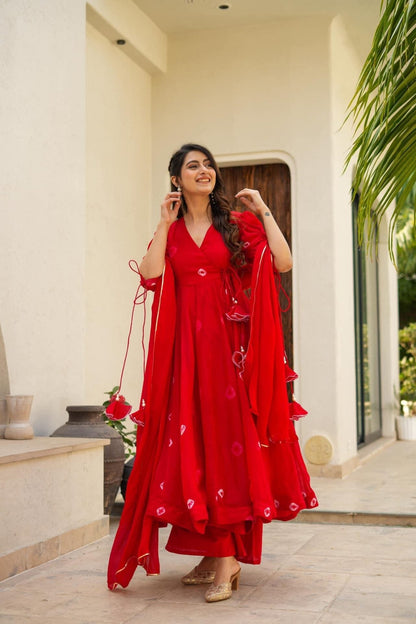 Veena red organza suit set