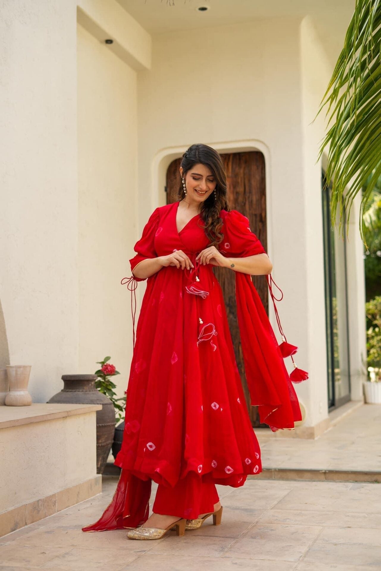 Veena red organza suit set