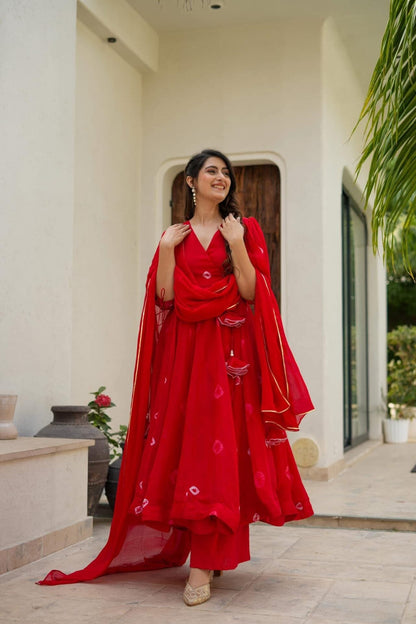 Veena red organza suit set