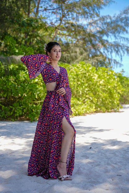 Purple Graceful Printed Georgette Slit Chic Co Ord Set