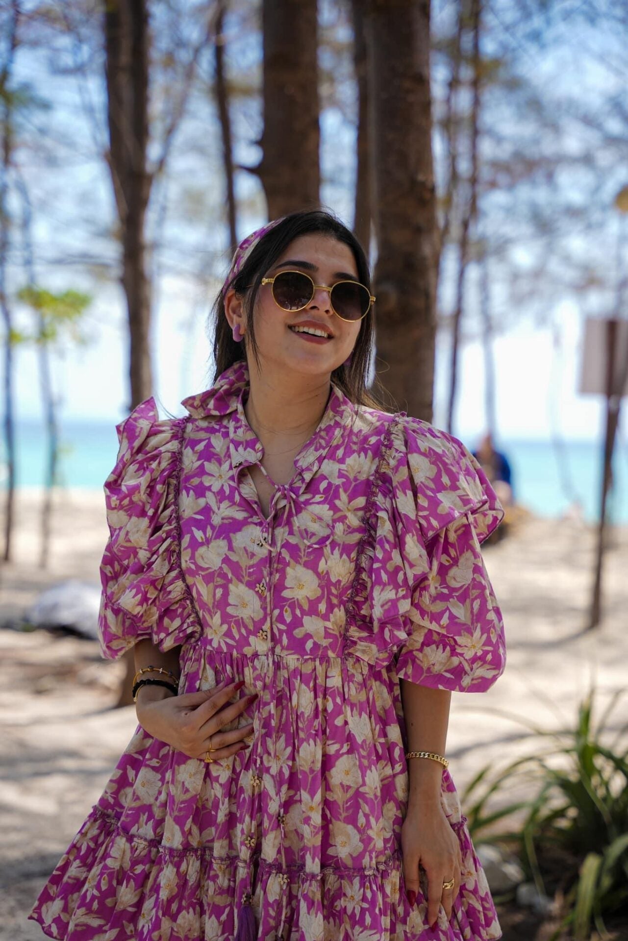 Lavender Designer Floral Lily Cotton Midi Dress