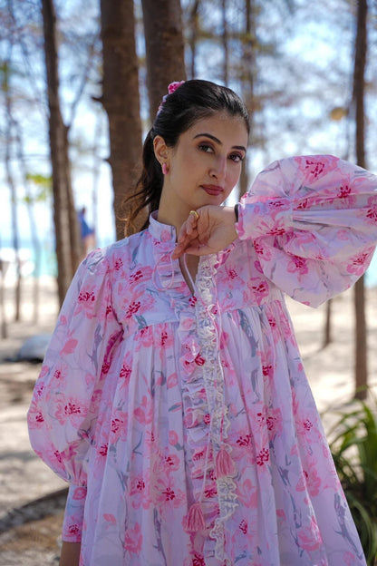 Rosebud Floral White Puff Sleeves Dream Cotton Stylish Dress