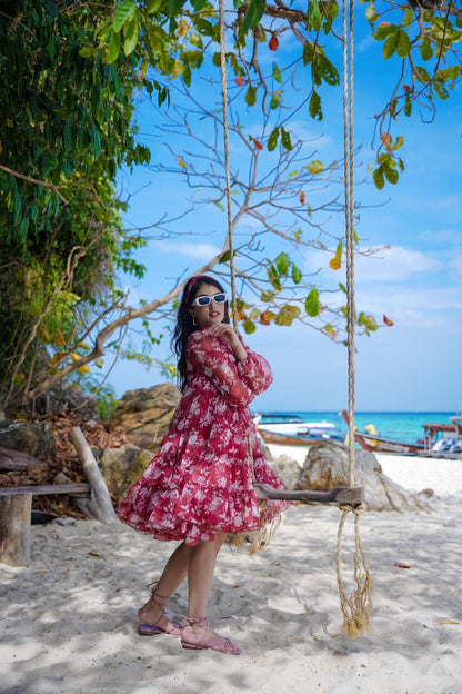 Red & White Ruby Organza Knee-Length Reverie Dress