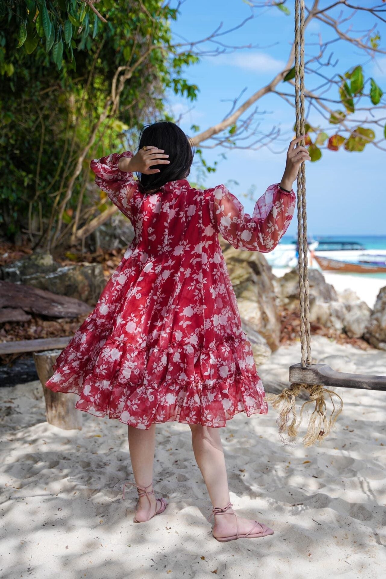 Red & White Ruby Organza Knee-Length Reverie Dress