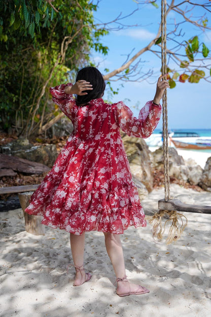 Red & White Ruby Organza Knee-Length Reverie Dress