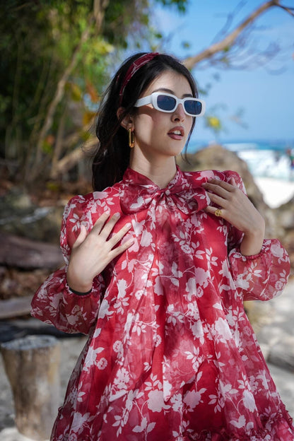 Red & White Ruby Organza Knee-Length Reverie Dress