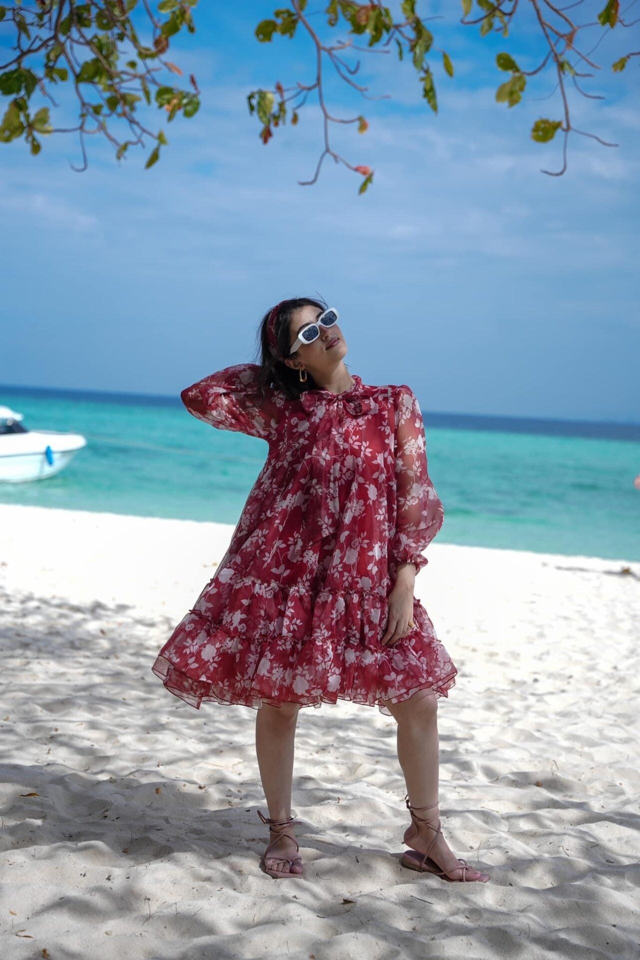 Red & White Ruby Organza Knee-Length Reverie Dress