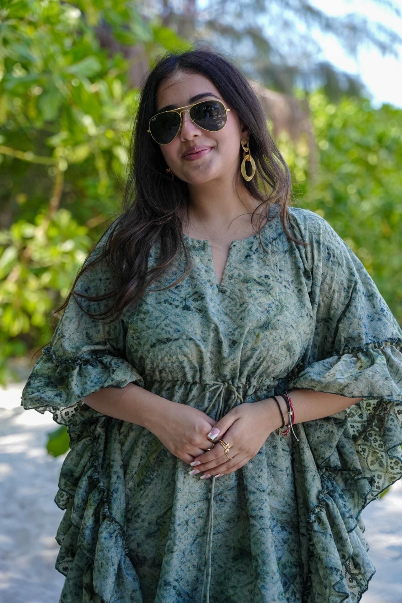 Rustic Green Designer Kaftan Printed Cotton Dress