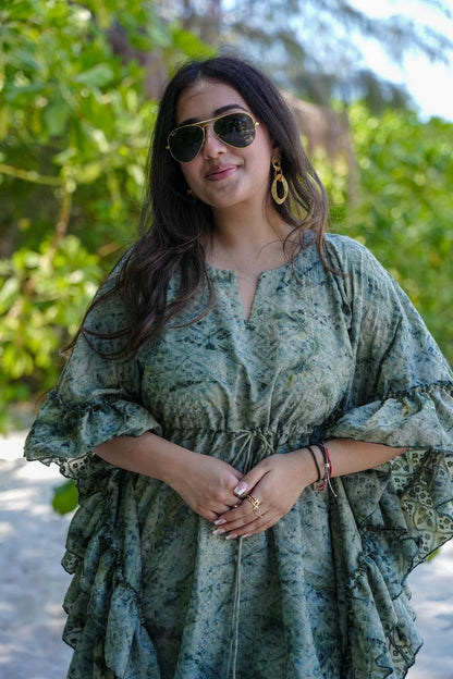 Rustic Green Designer Kaftan Printed Cotton Dress