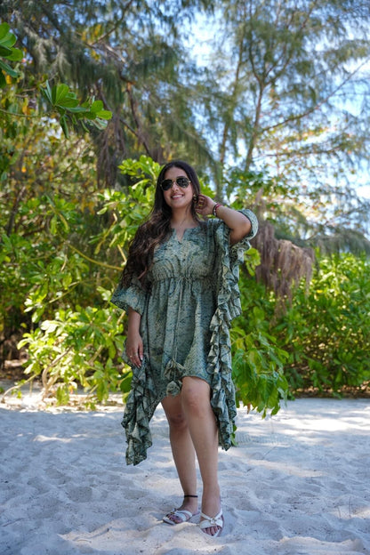 Rustic Green Designer Kaftan Printed Cotton Dress