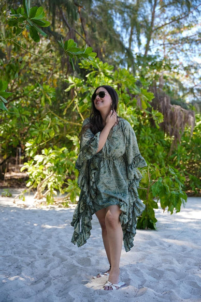 Rustic Green Designer Kaftan Printed Cotton Dress