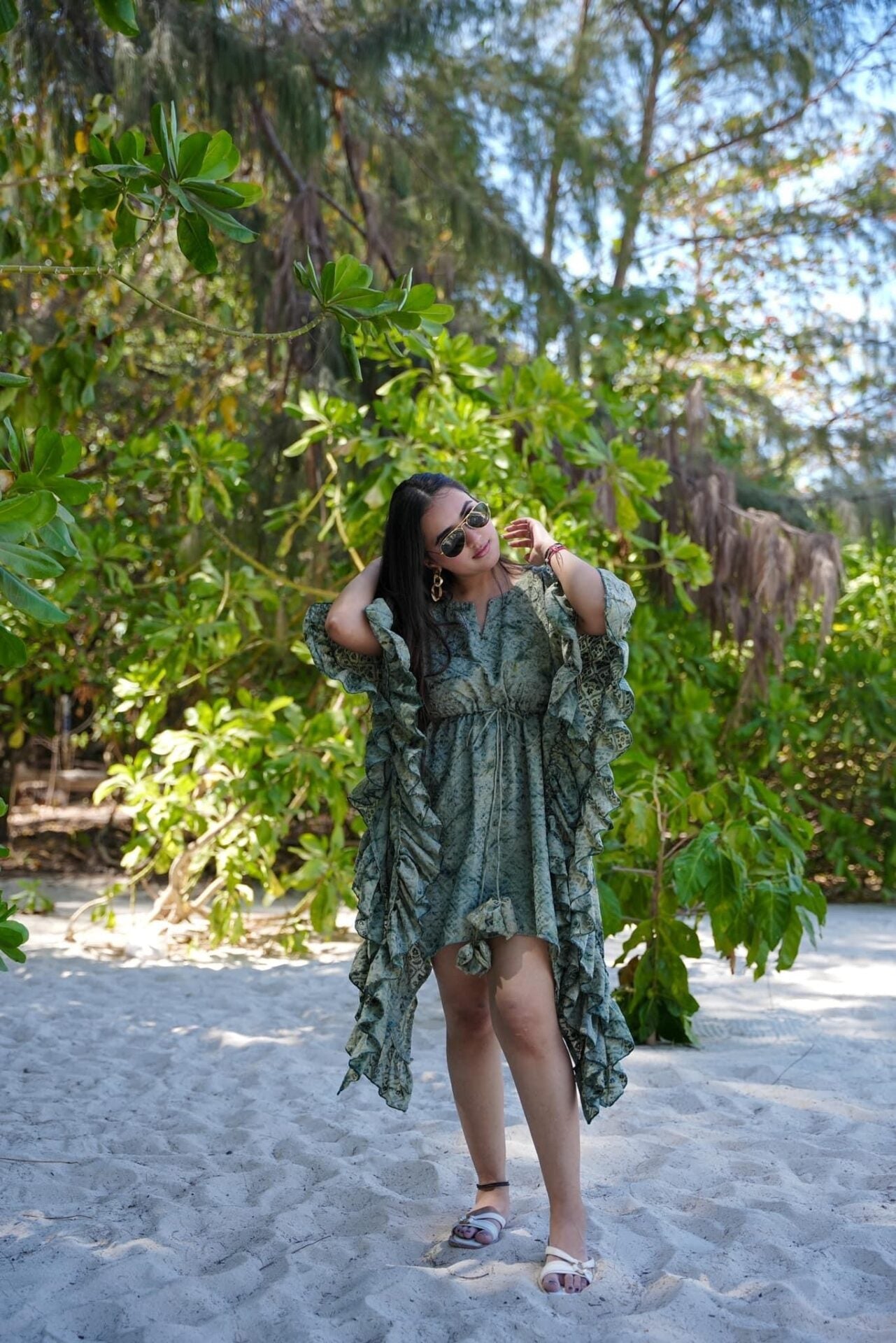 Rustic Green Designer Kaftan Printed Cotton Dress