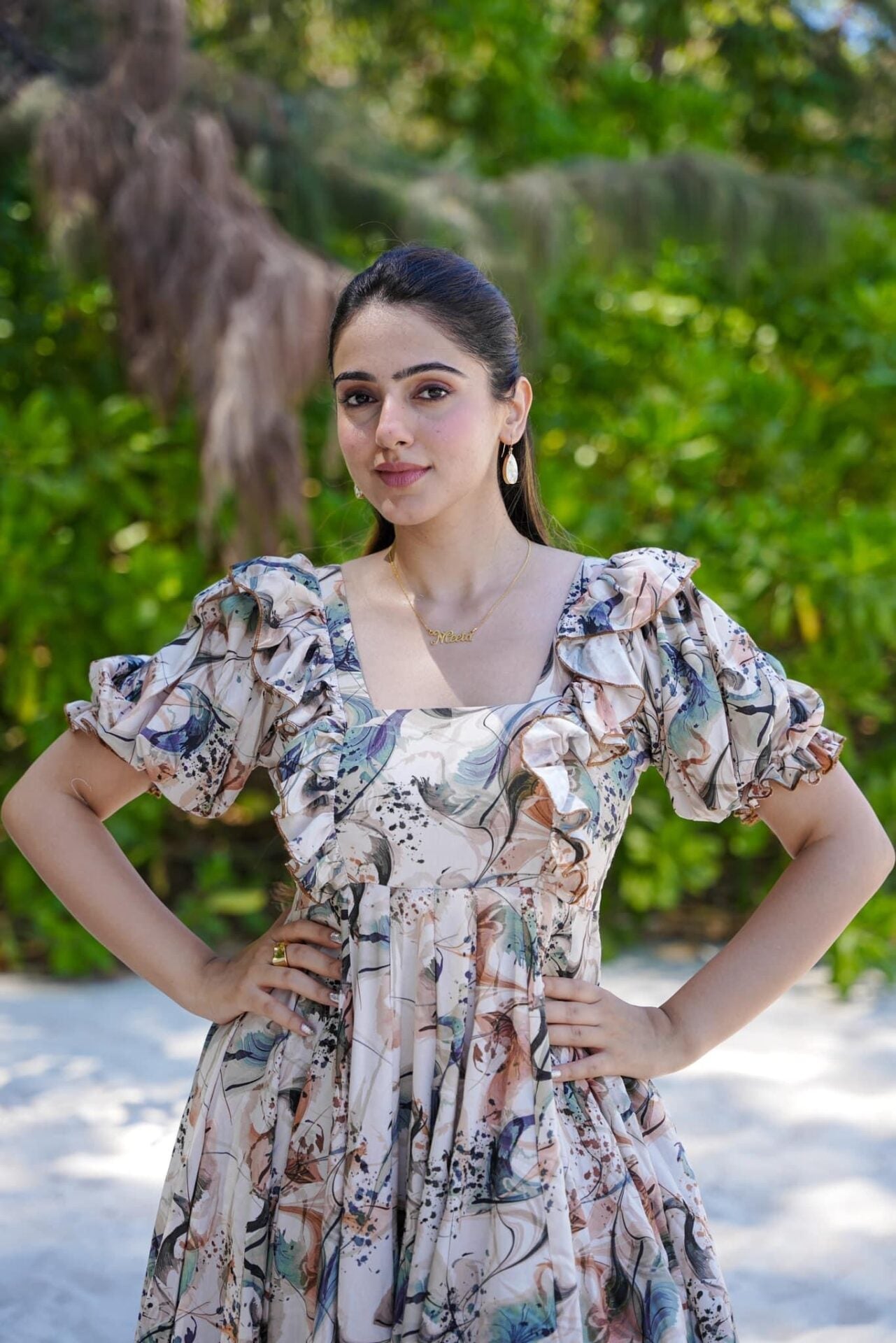 Beige Designer Pearl Frill Delight Below Knee Maxi Gown Dress