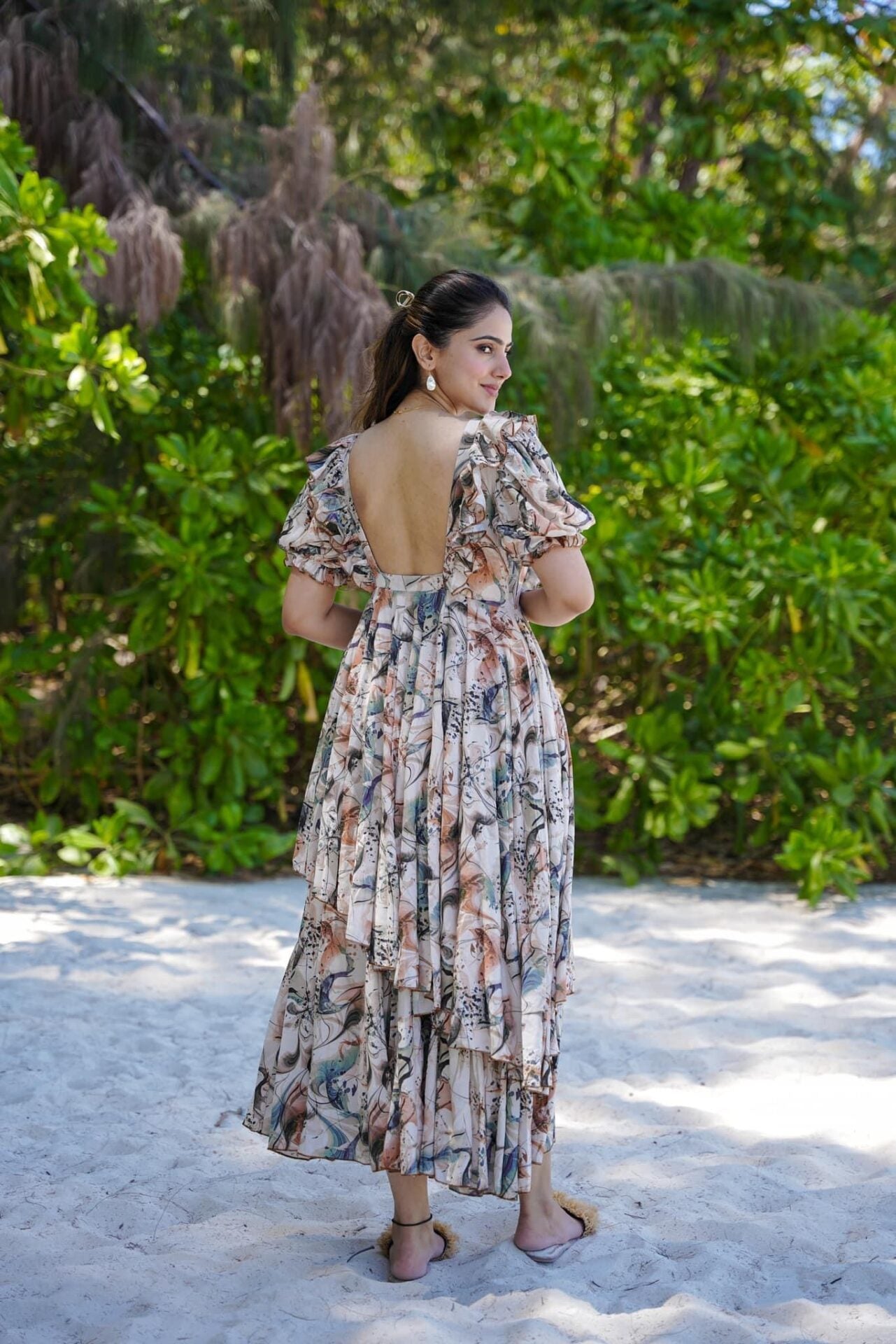 Beige Designer Pearl Frill Delight Below Knee Maxi Gown Dress