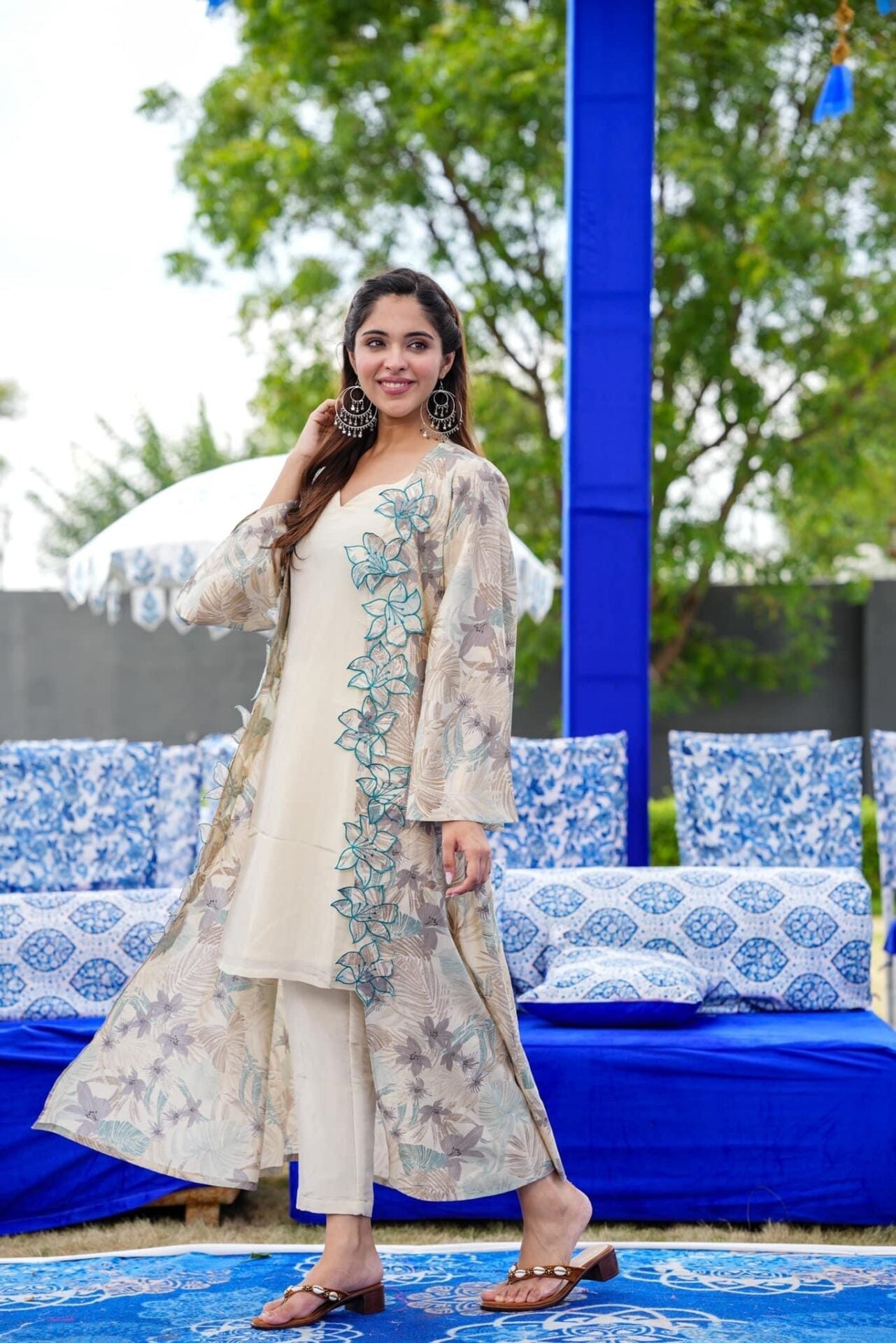 Elegant Ecru Straight Fusion Wear 3 Piece Set