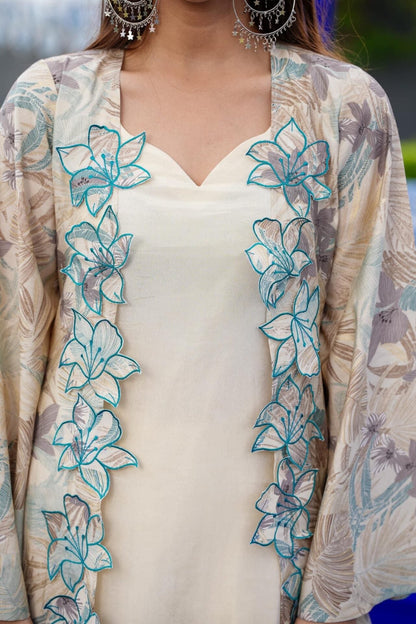 Elegant Ecru Straight Fusion Wear 3 Piece Set