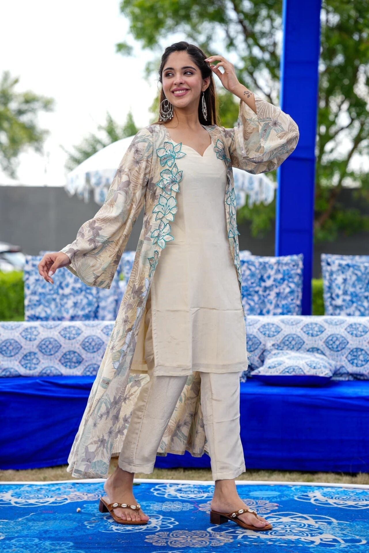 Elegant Ecru Straight Fusion Wear 3 Piece Set