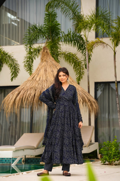 Starlit Navy Blue Cotton Anarkali with Dupatta