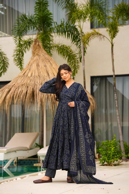 Starlit Navy Blue Cotton Anarkali with Dupatta