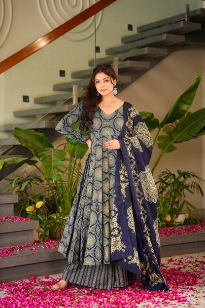 Royal Indigo Printed Cotton Anarkali Suit Set
