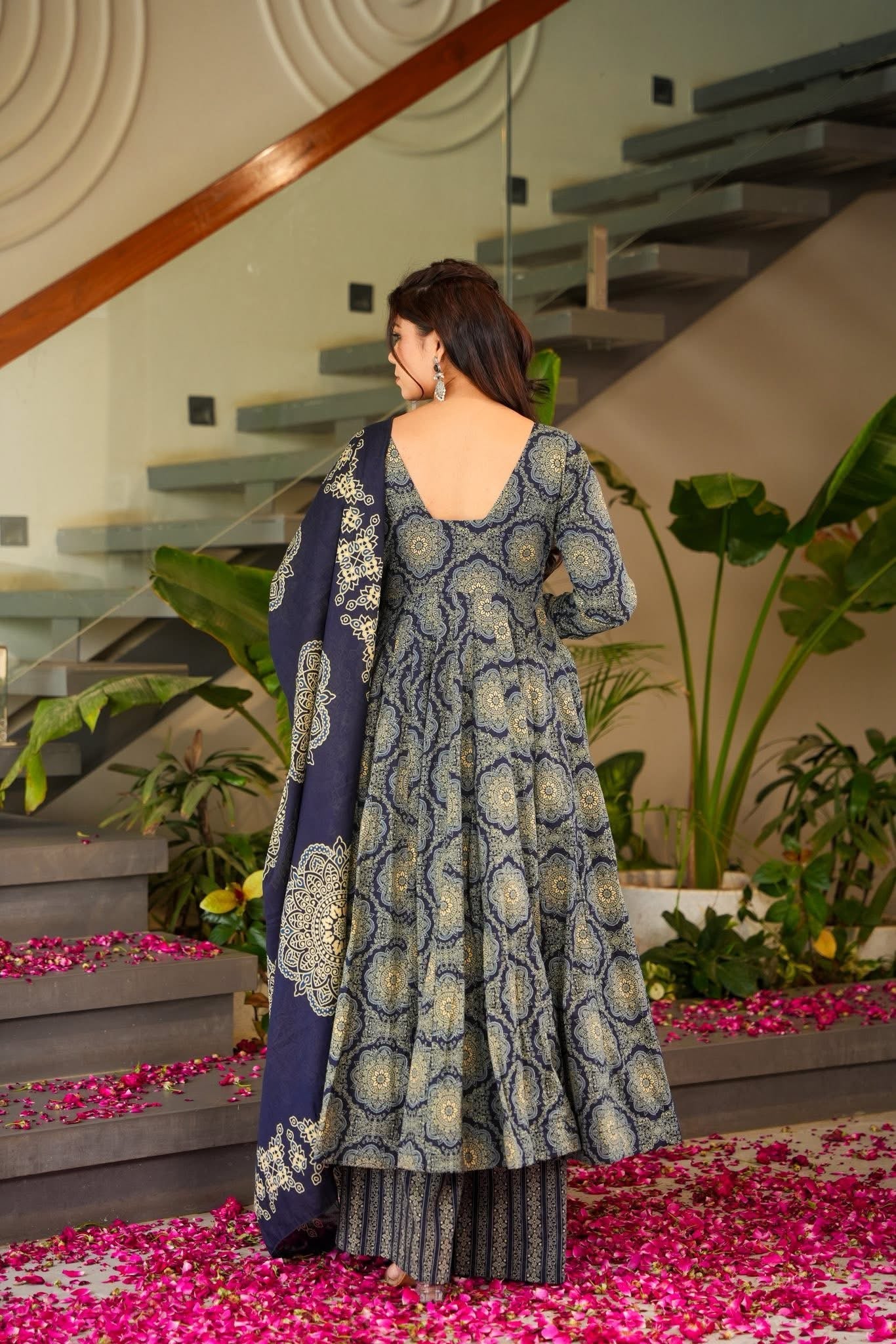 Royal Indigo Printed Cotton Anarkali Suit Set